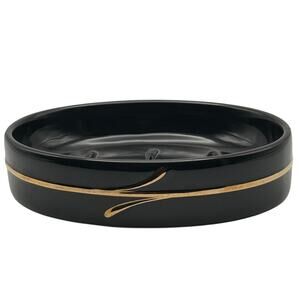 Vintage 90s Black Ceramic Soap Dish with Gold Accent Bathroom Vanity Holder